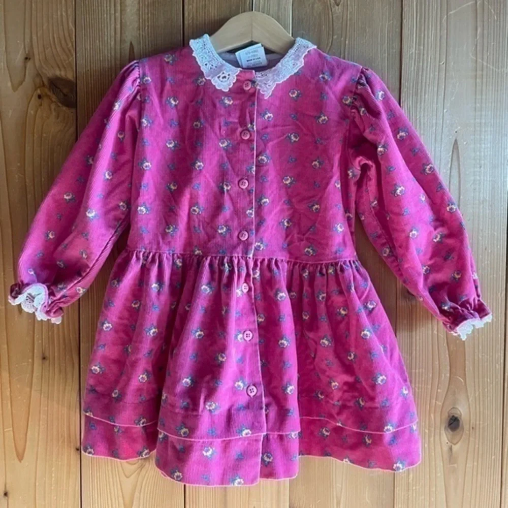 Vtg Oshkosh Bgosh Toddler Girls Pink Corduroy Floral Ruffle Long Sleeve Dress